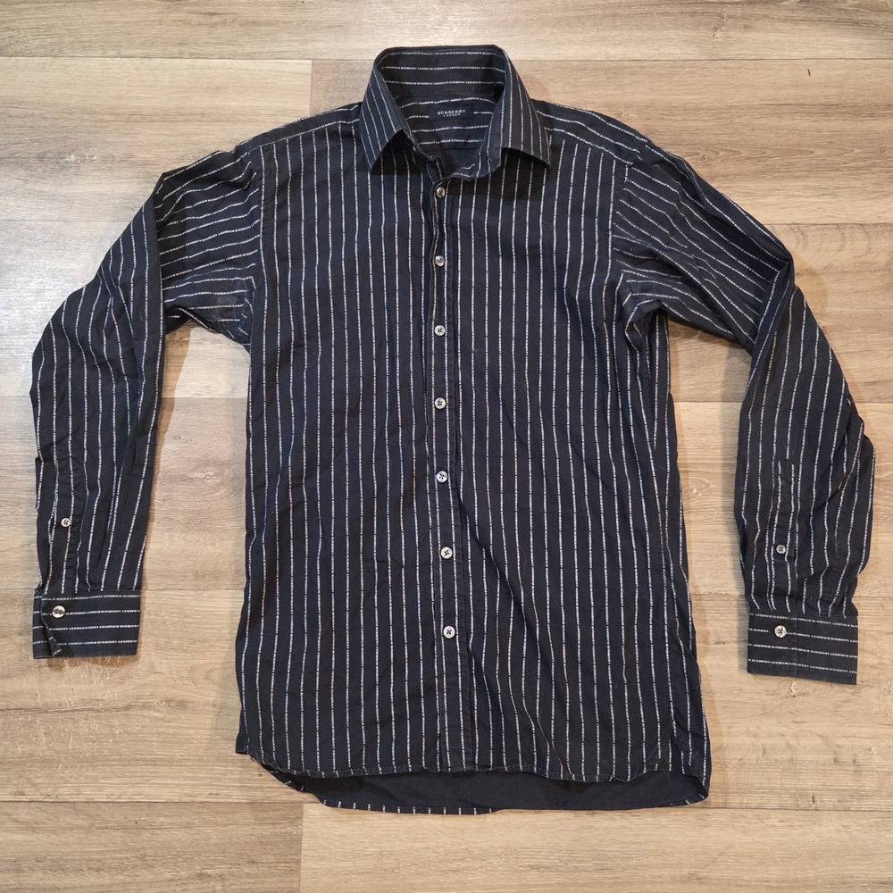 Burberry London Men' Sz 15 / 38 Button Front Monogram Spellout Shirt Dark Blue